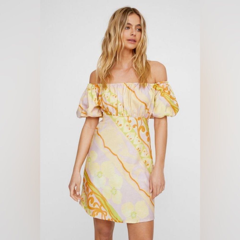 Nasty gal muted floral stripe linen bardot puff sleeve mini dress size 6 NWT